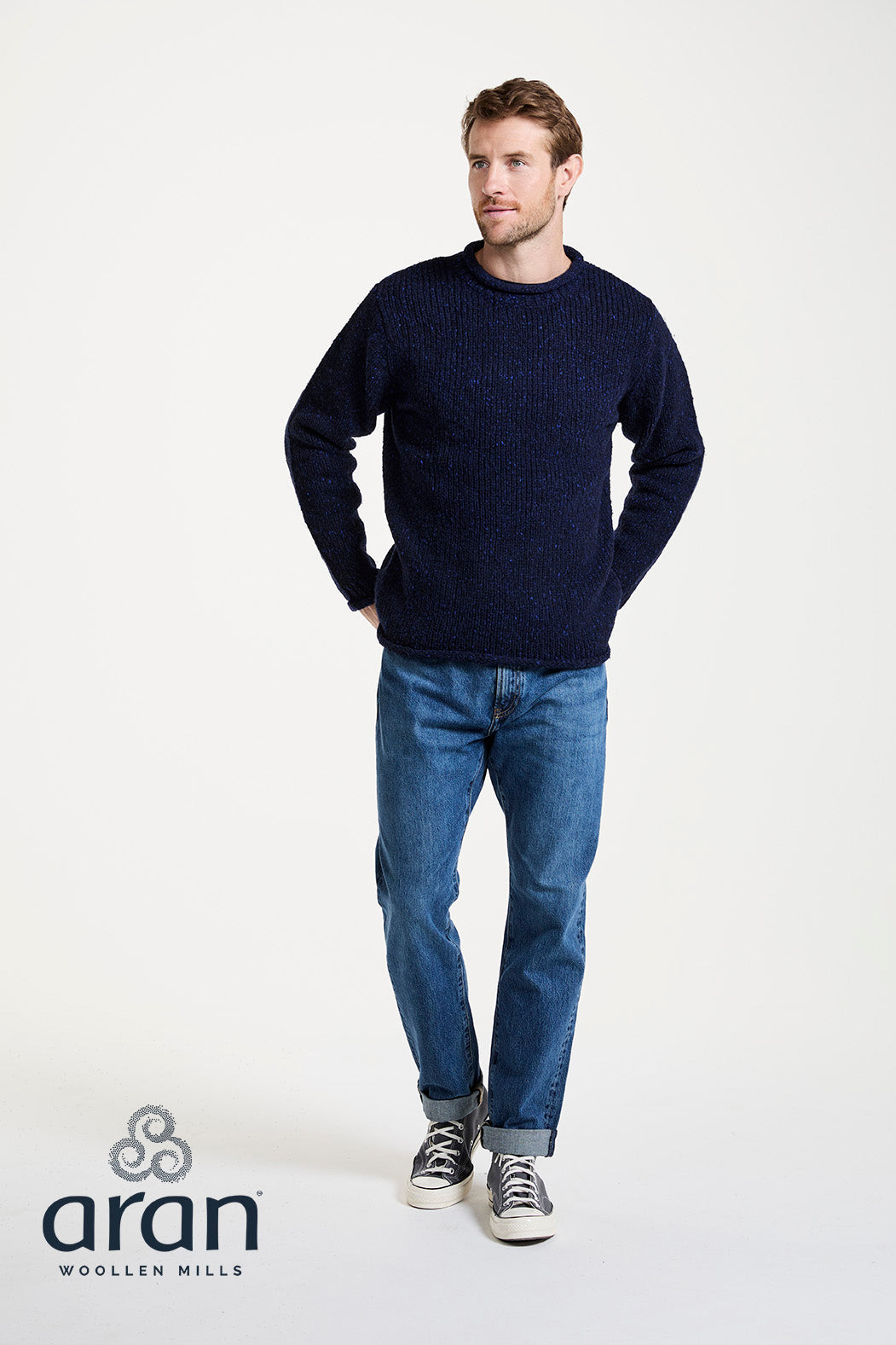 Donegal Tweed Roll Neck Sweater | Navy