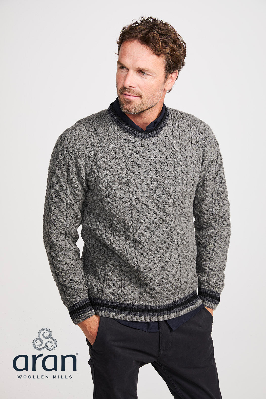 Mens 100% Merino Stripe Crewneck Sweater