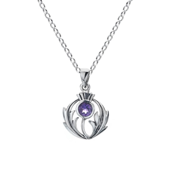 Sterling Silver Thistle Amethyst Round Pendant