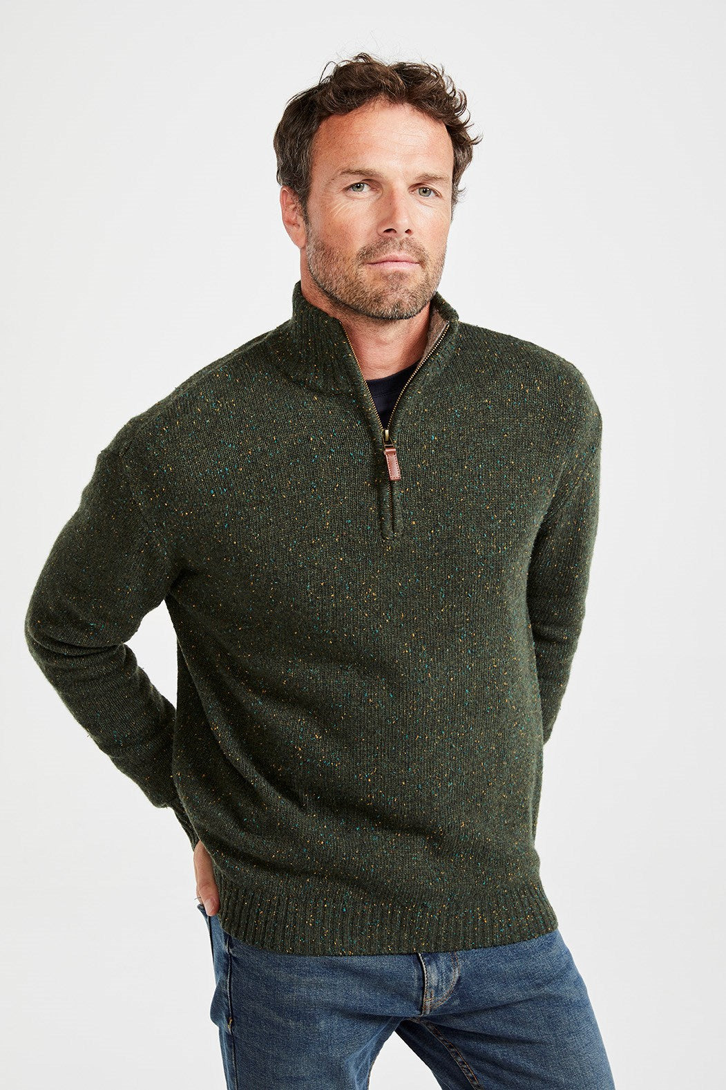 Aran Woollen Mens Troyer Zipper Sweater in Foliage