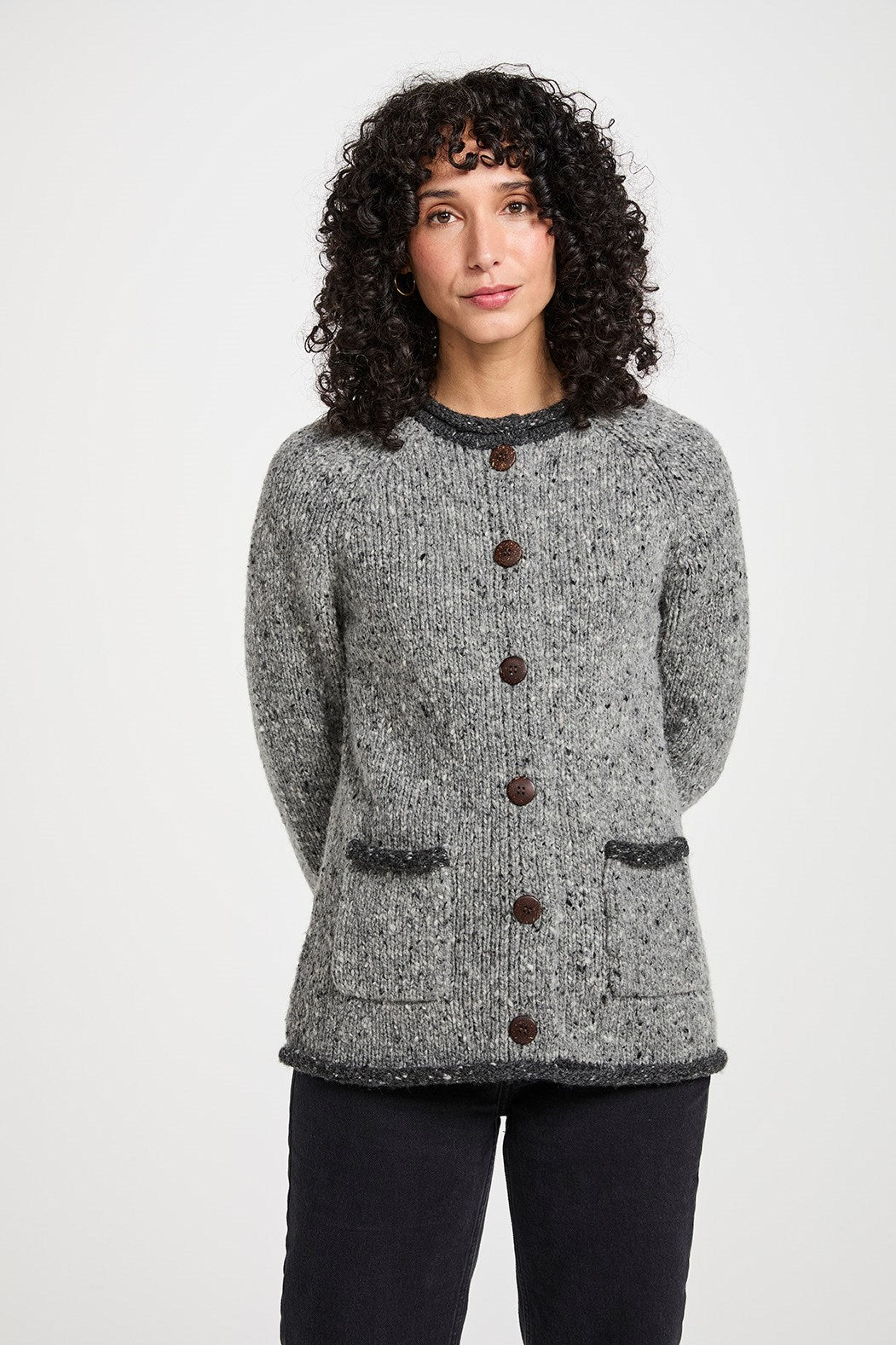 Aran Woollen Mills colour Contrast Raglan Cardigan in Silver / Charcoal