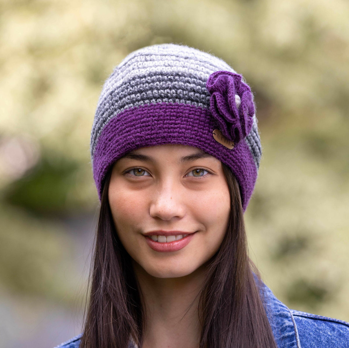 CrochetCapWith Flower With Corsage Purple And Grey