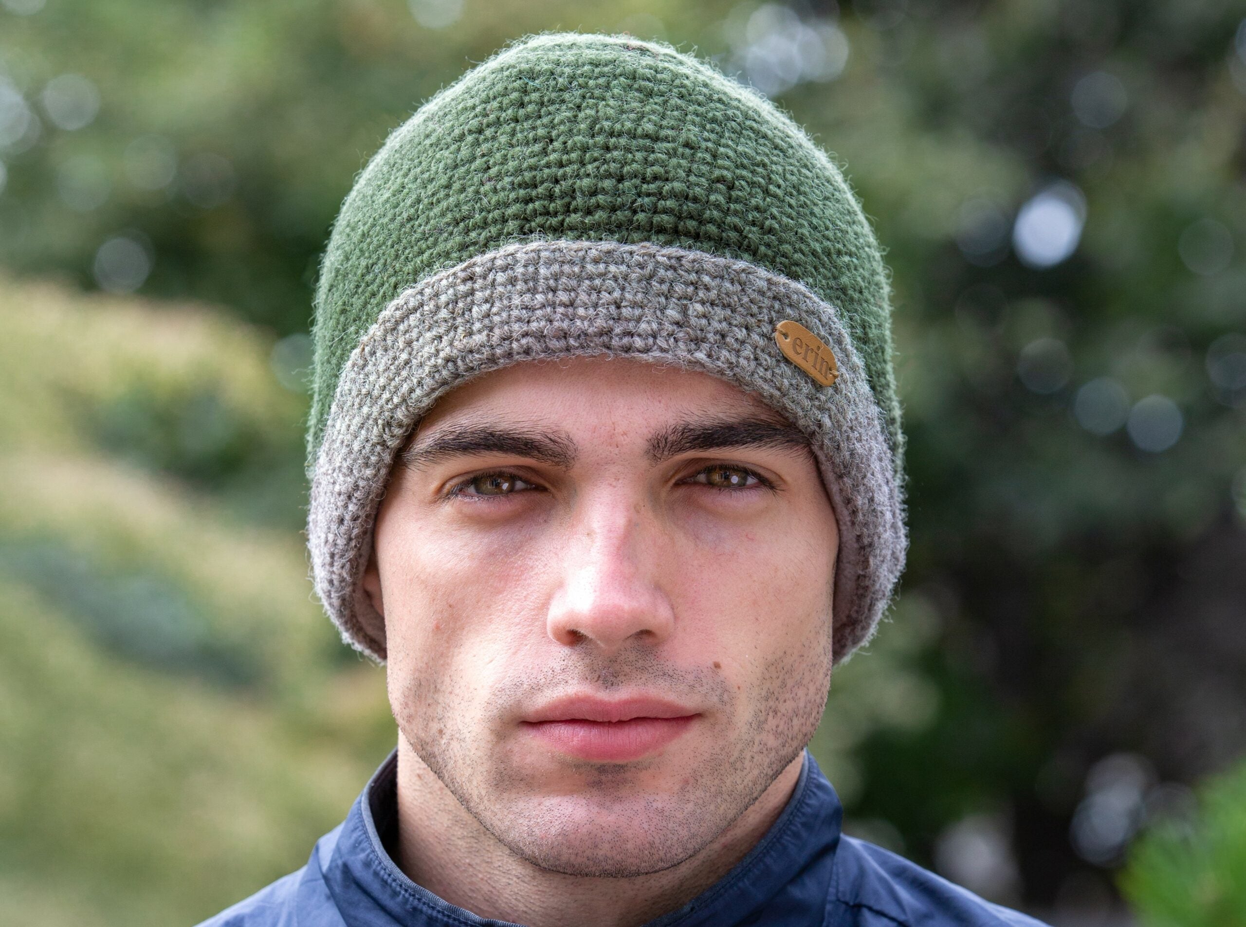 Crochet Turn up Hat Green/Oatmeal