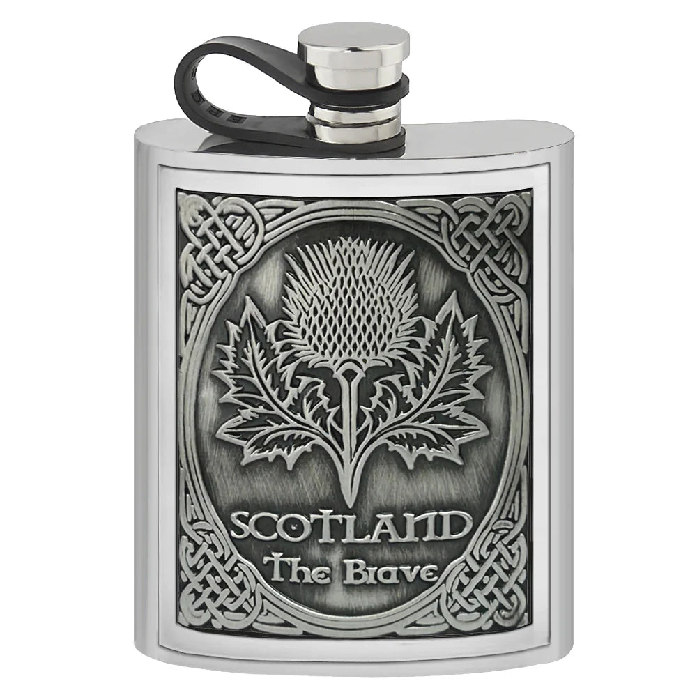 6oz Pewter Embossed Flask Thistle Badge