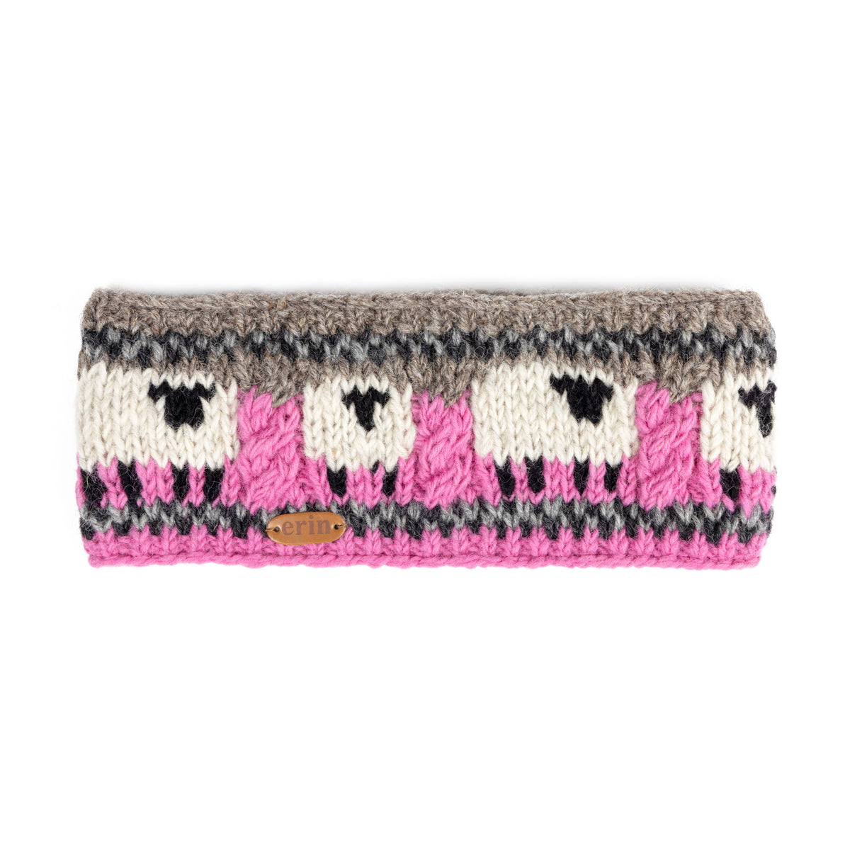 Knitted Sheep Headband with Aran Cable Band | Pink And Grey