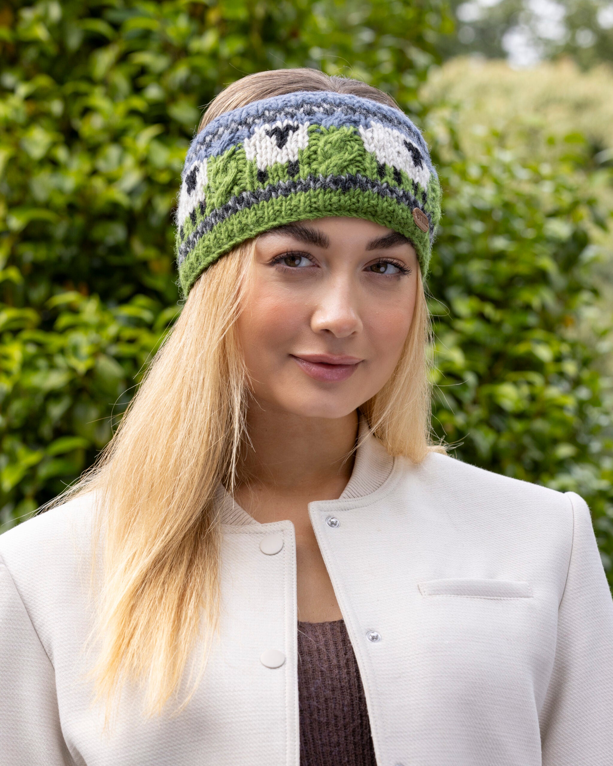 Knitted Sheep Headband with Aran Cable Band in Blue and Green