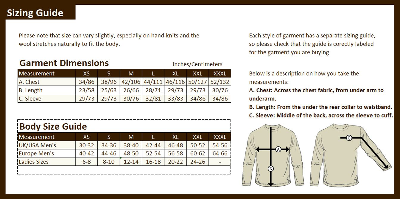 Ladies Aran Shaped Sweater Size Chart