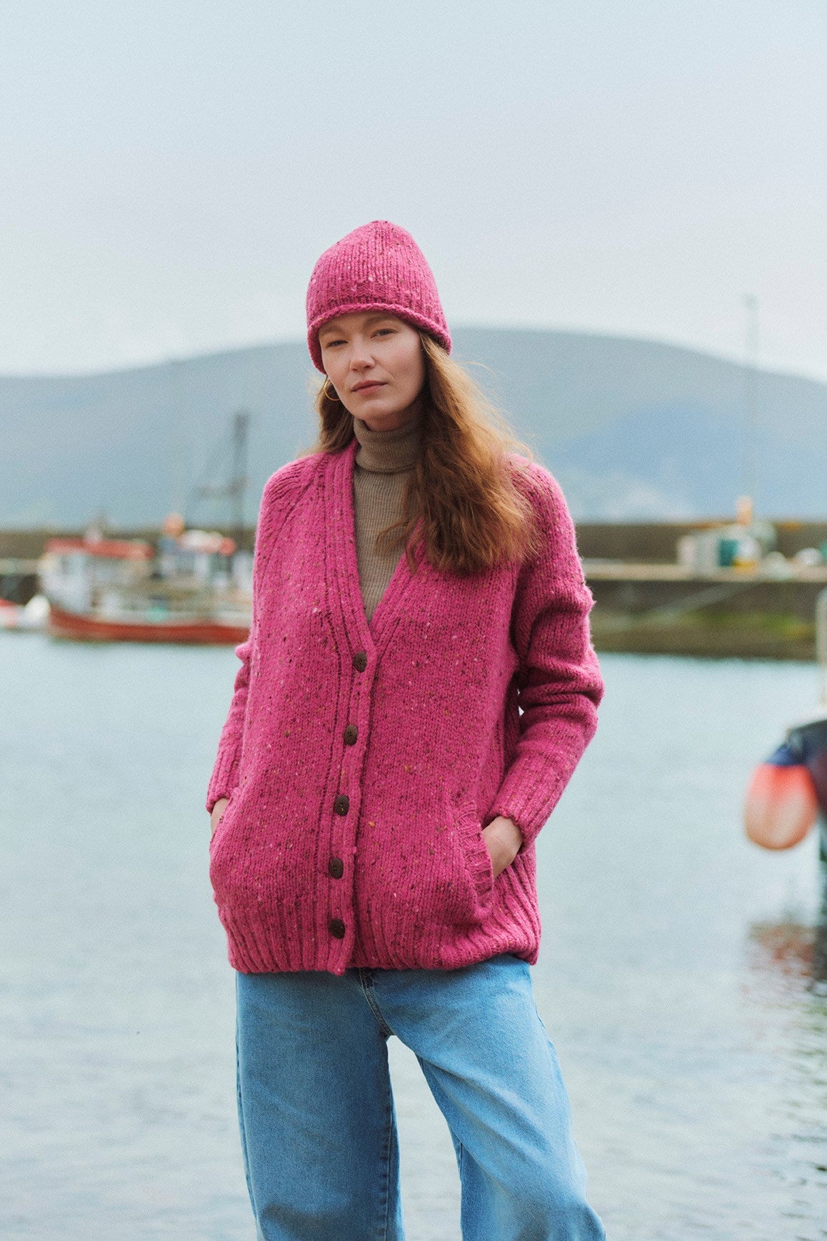 Ladies' Donegal Cardigan with Side Pockets | Pink Heather