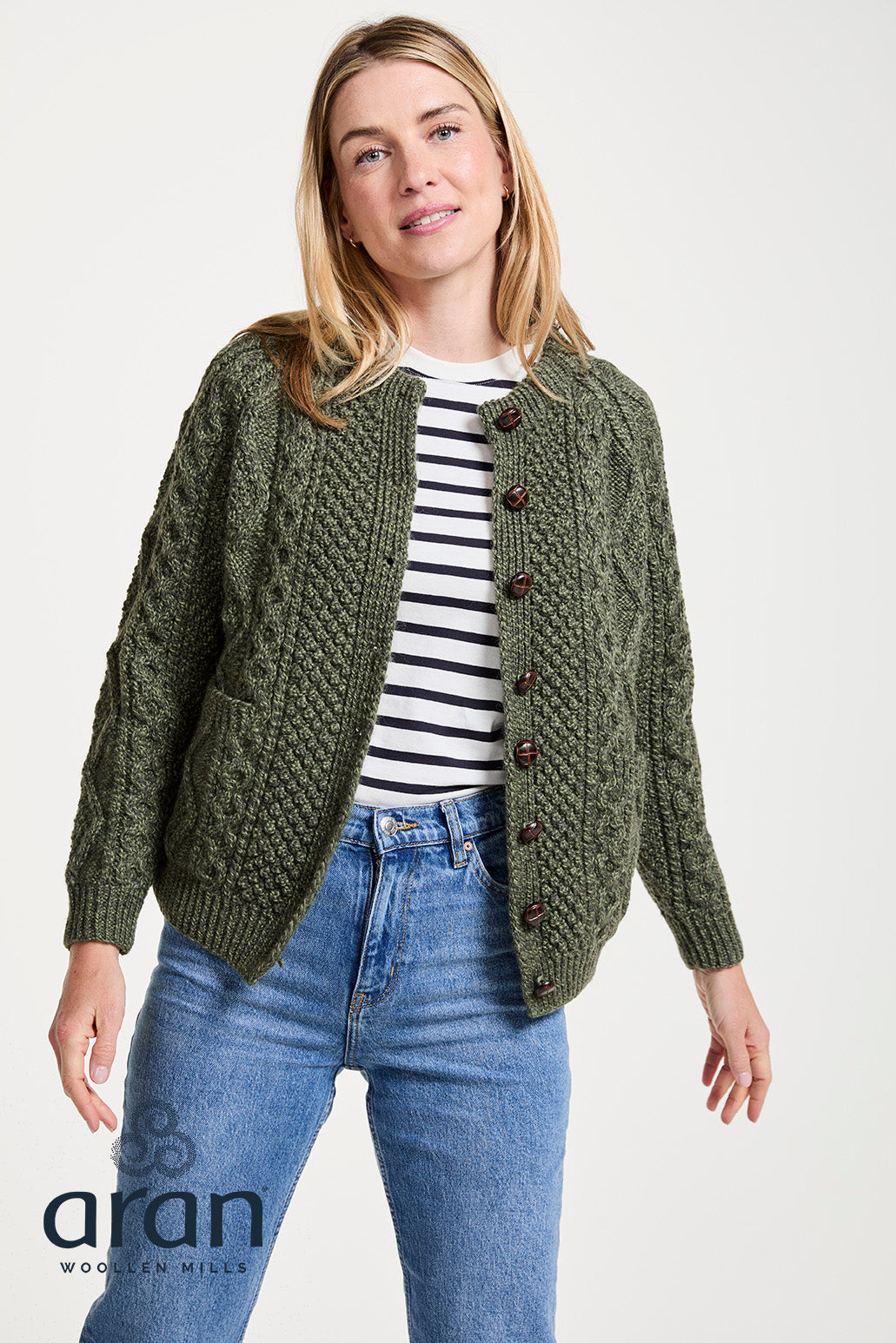 Ladies Hand Knit Merino Wool Lumber Cardigan Moss Green
