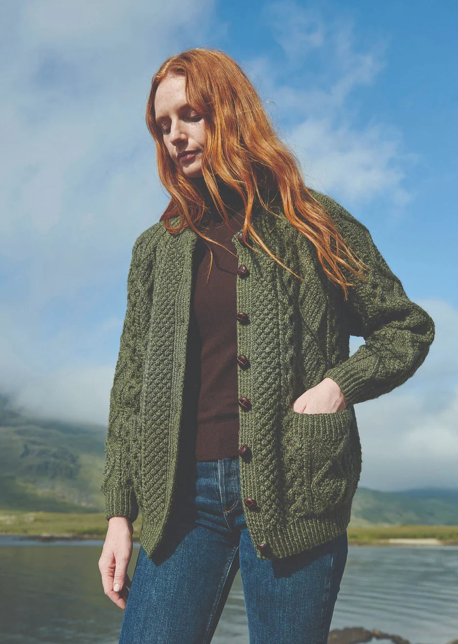 Ladies Hand Knit Merino Wool Lumber Cardigan Moss Green