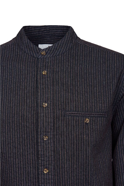 Men’s Comfort Cotton Grandfather Shirt – Black with Red / Brown Stripe