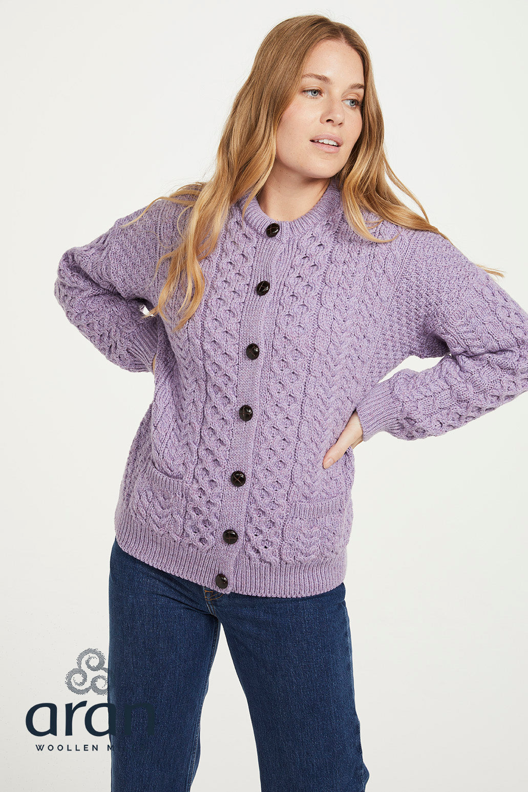 Merino Wool Aran Lumber Cardigan Lavender