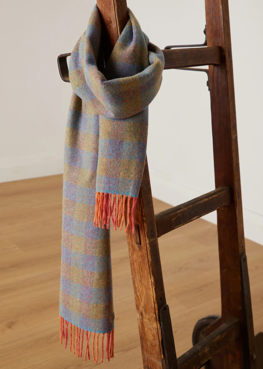 Foxford Orange and Blue Small Check Lambswool Scarf