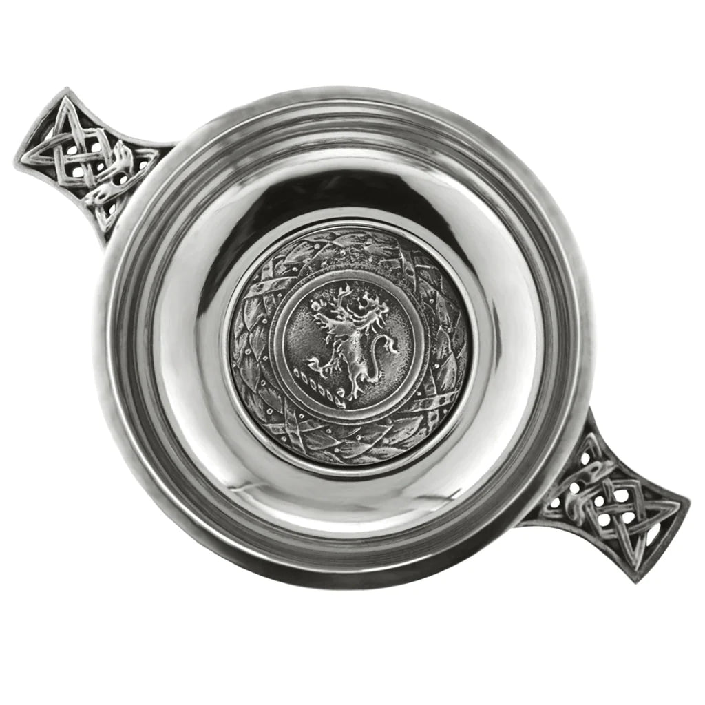 3.5" Celtic Knot Handle Pewter Quaich Bowl with Scottish Rampant Lion Badge