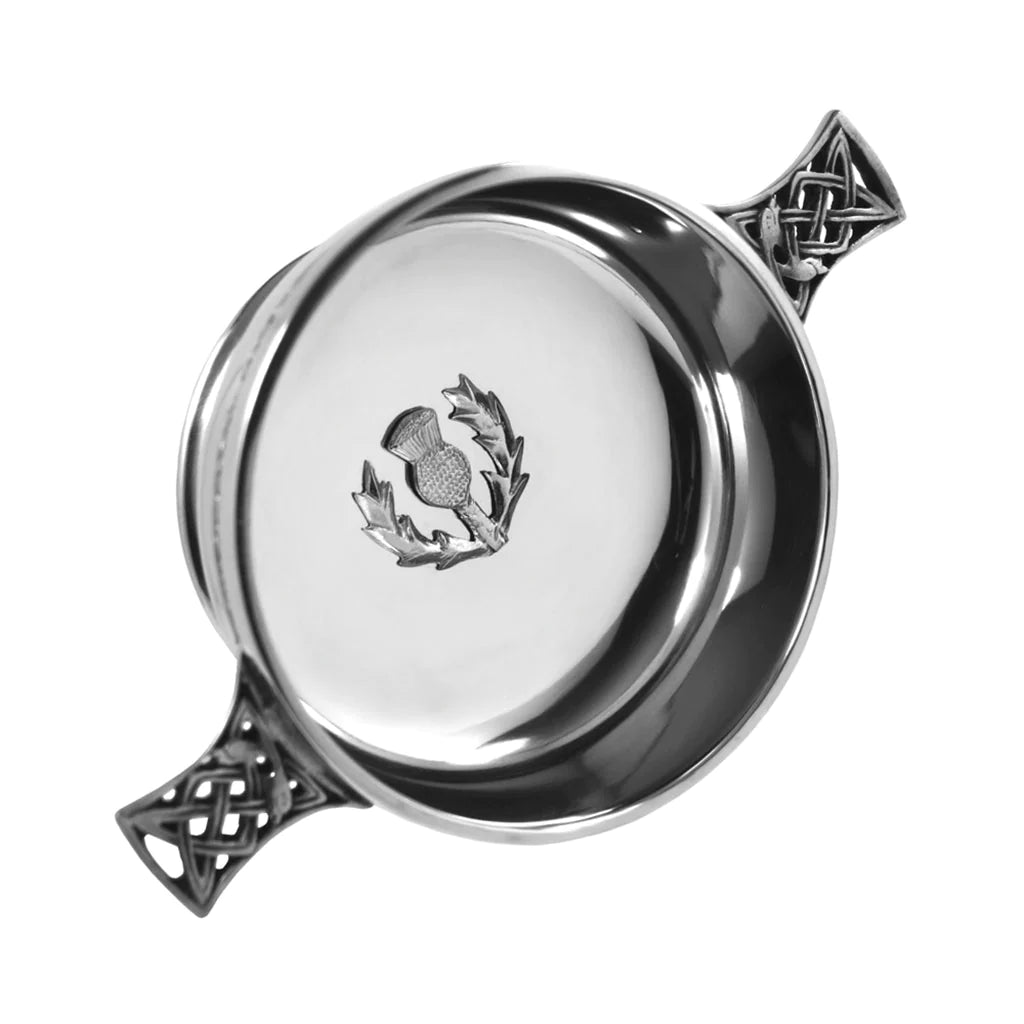 3.5" Celtic Knot Handle Pewter Quaich Bowl with Scottish Thistle Badge