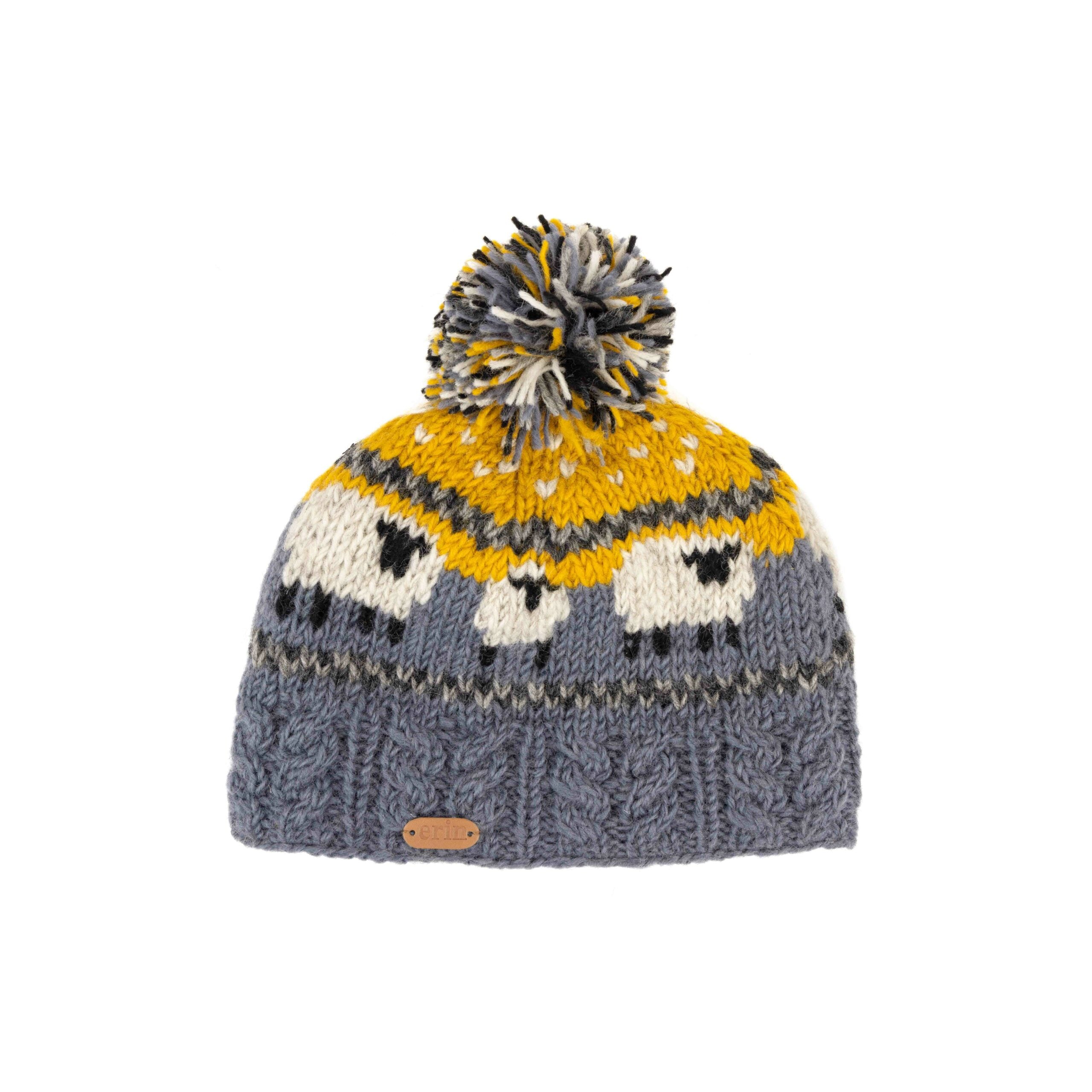 Sheep Bobble Hat with Aran Cable Band Blue and Yellow