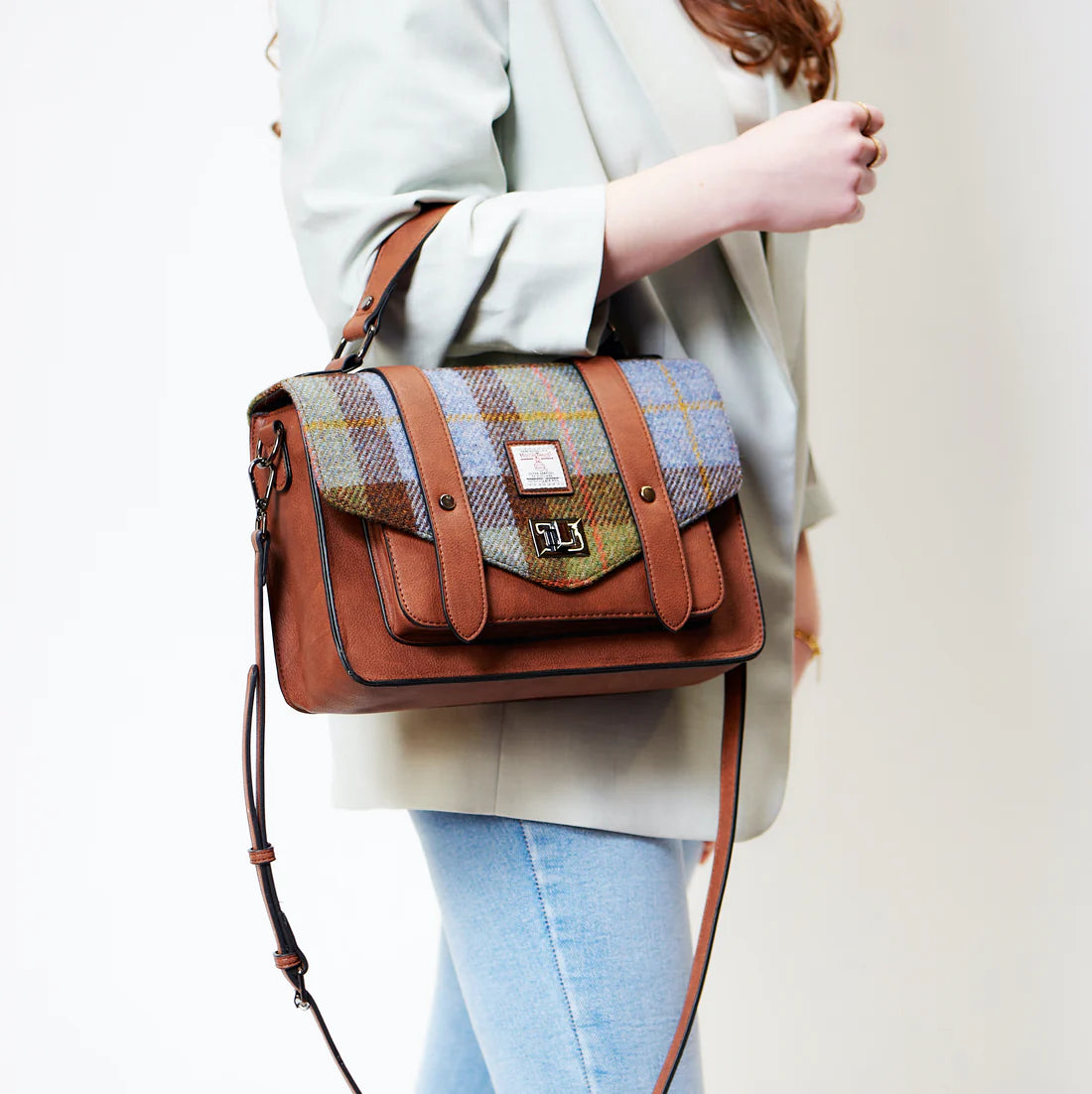 Chestnut and Blue Tartan Large Satchel