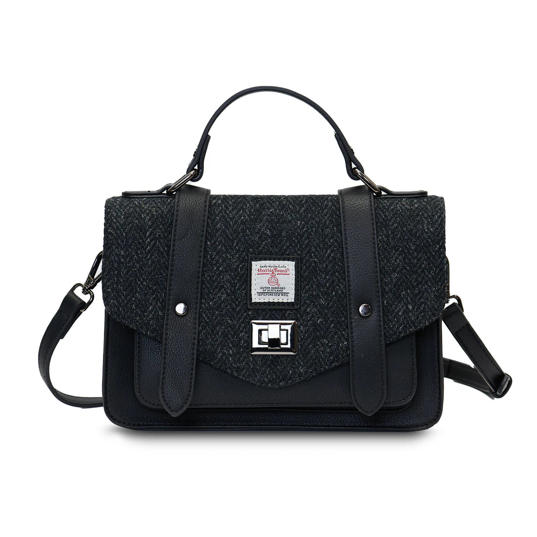 Black Herringbone Large Satchel