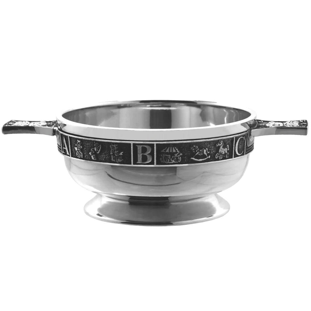 3.5" Childrens Pewter Quaich Bowl - ABC 123 Teddy Bear Handles