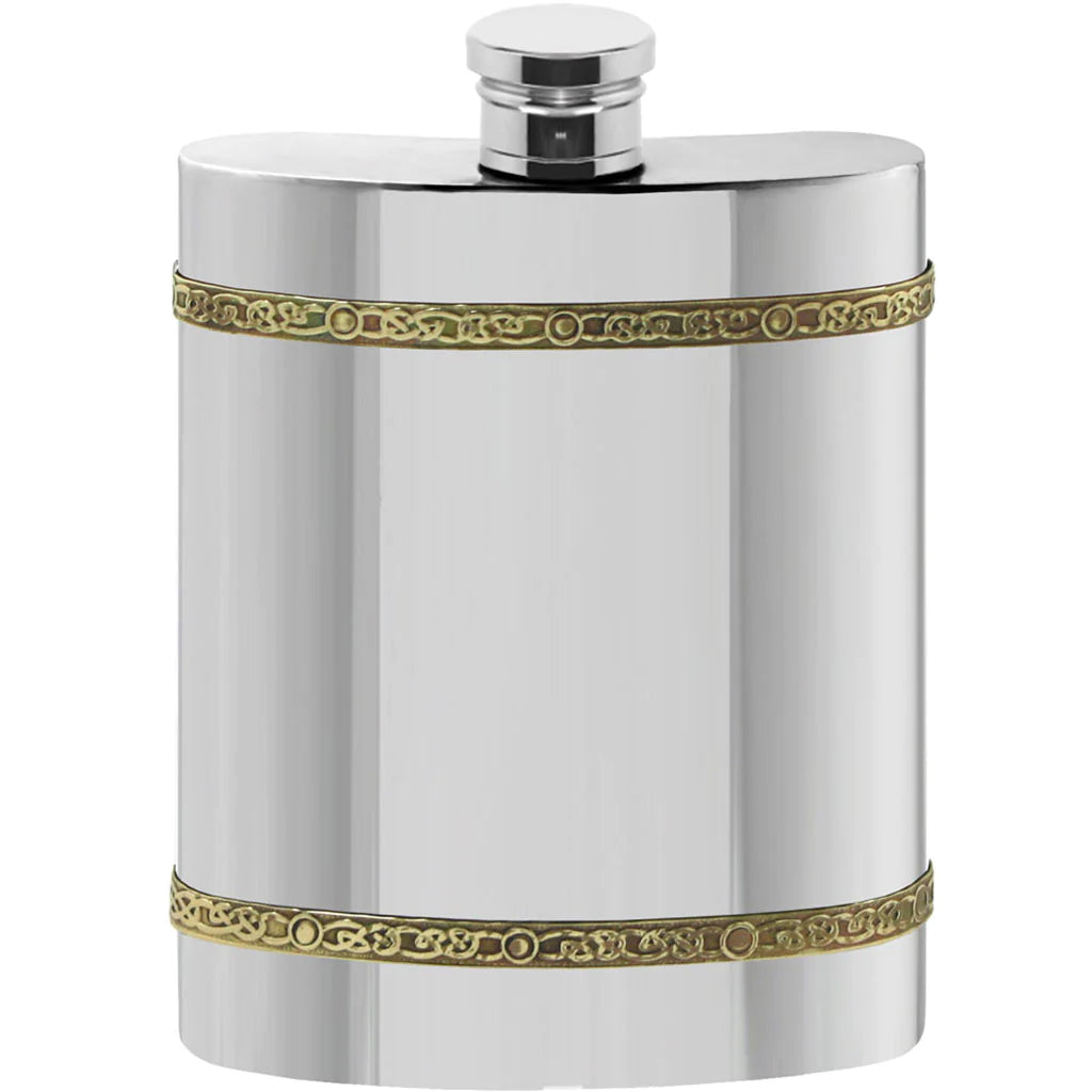 6oz Pewter Hip Flask with Brass Celtic Knot Bands