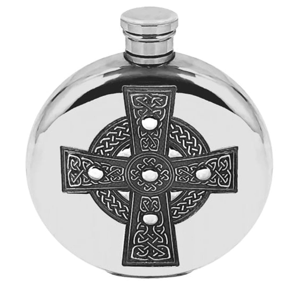 6oz Round Pewter Hip Flask with Celtic Cross Design