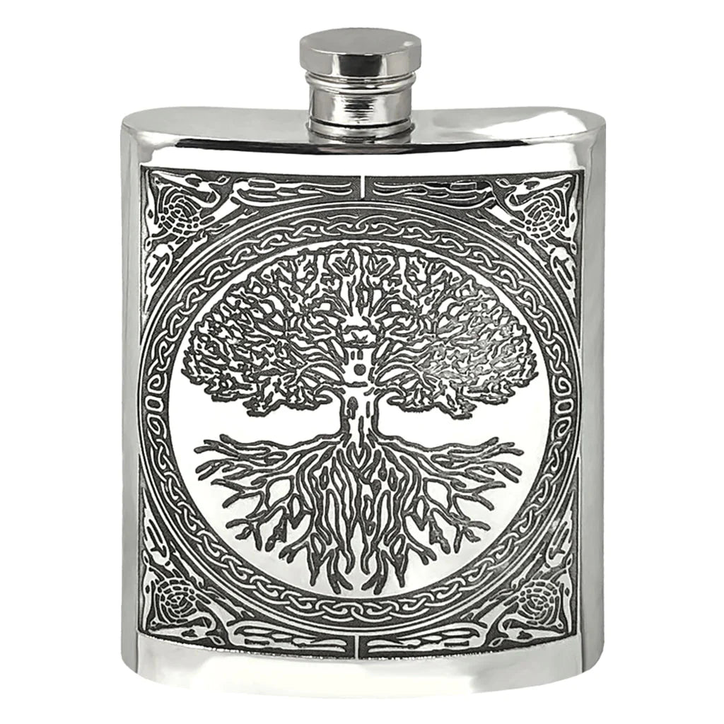 6oz Embossed Flask Tree Of Life Pewter Badge with Flexi Cap