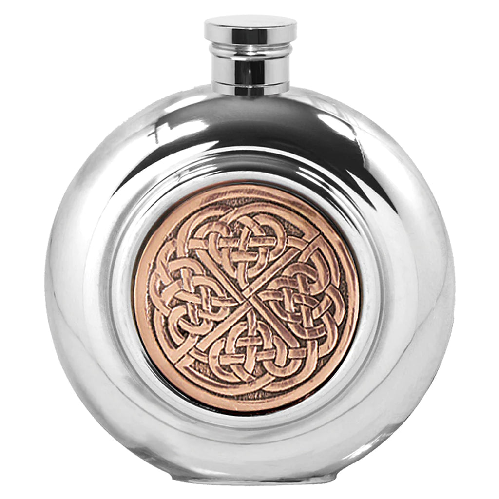 6oz Round Pewter Hip Flask with Copper Celtic Knot Badge