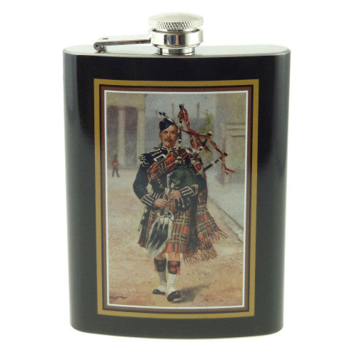 8oz Metal Plate Printed Hip Flask with Piper design