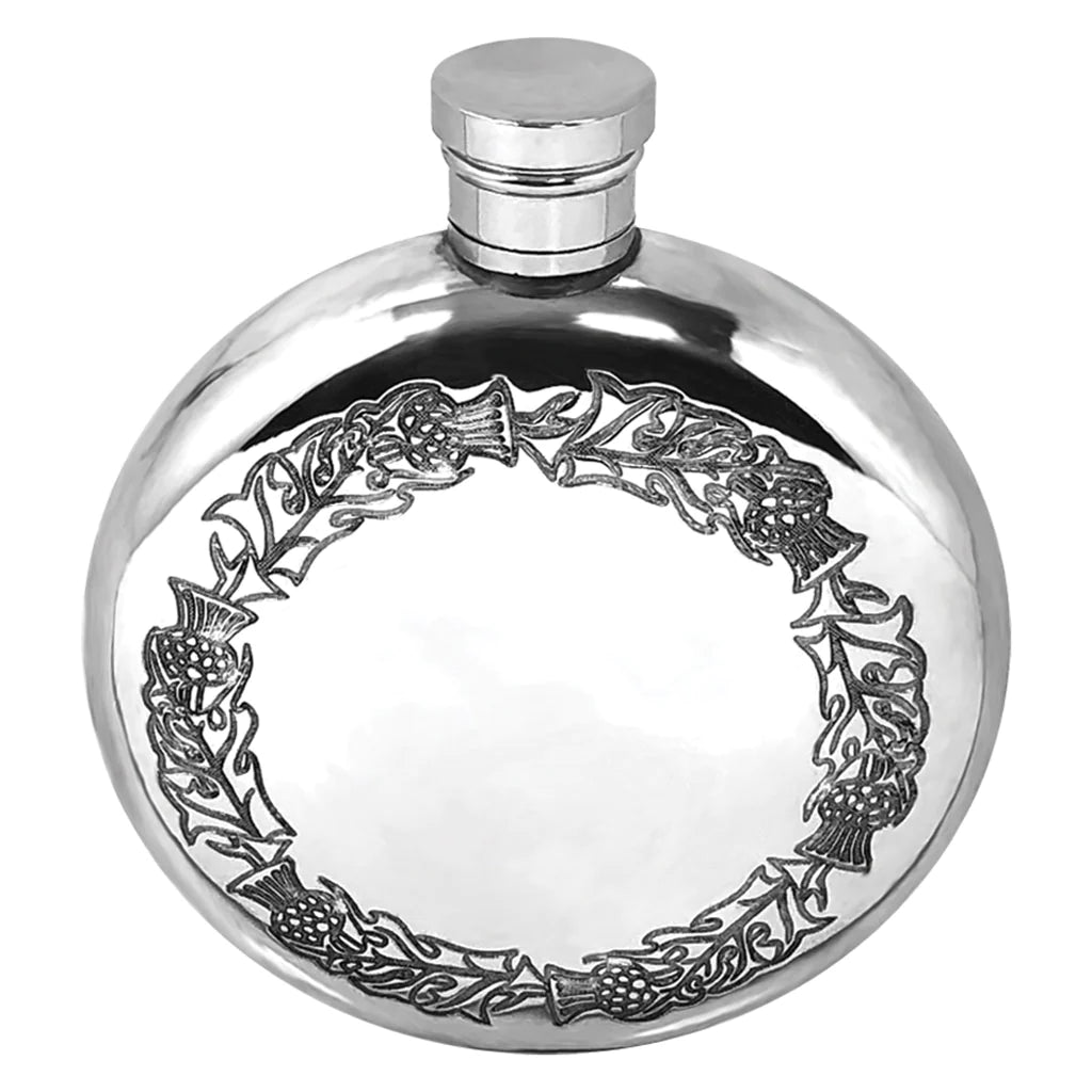 6oz Round Pewter Hip Flask with Thistle Design