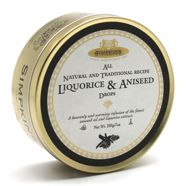 A tin of Simpkins All Natural Liquorice & Aniseed Drops