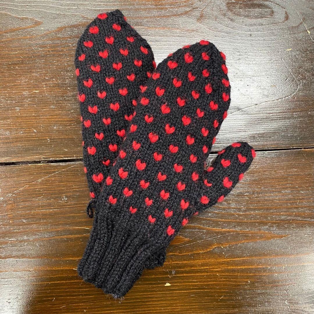 Hand Knit Wool Thrummed Mittens | Black with Red