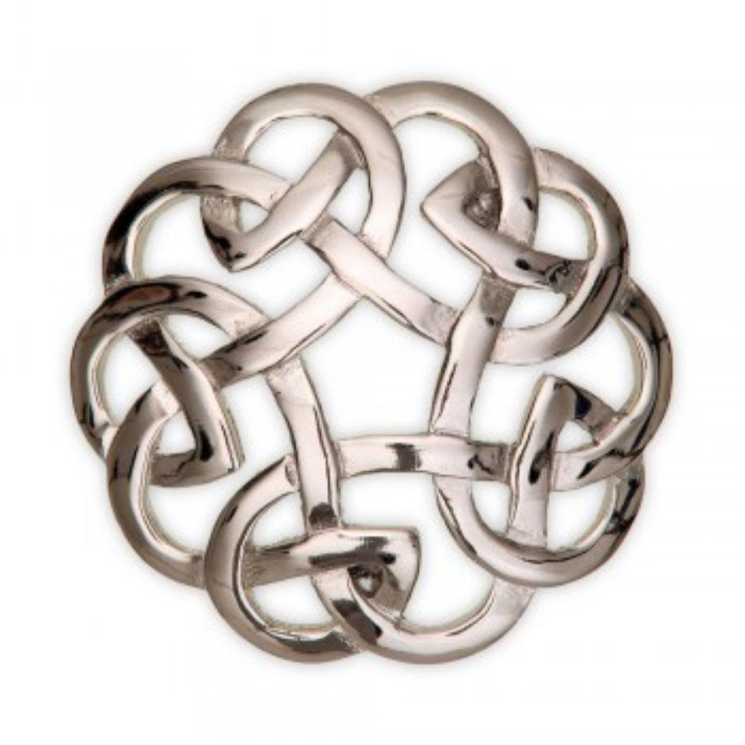 Large silver brooch with eternal interlaced celtic knot.
