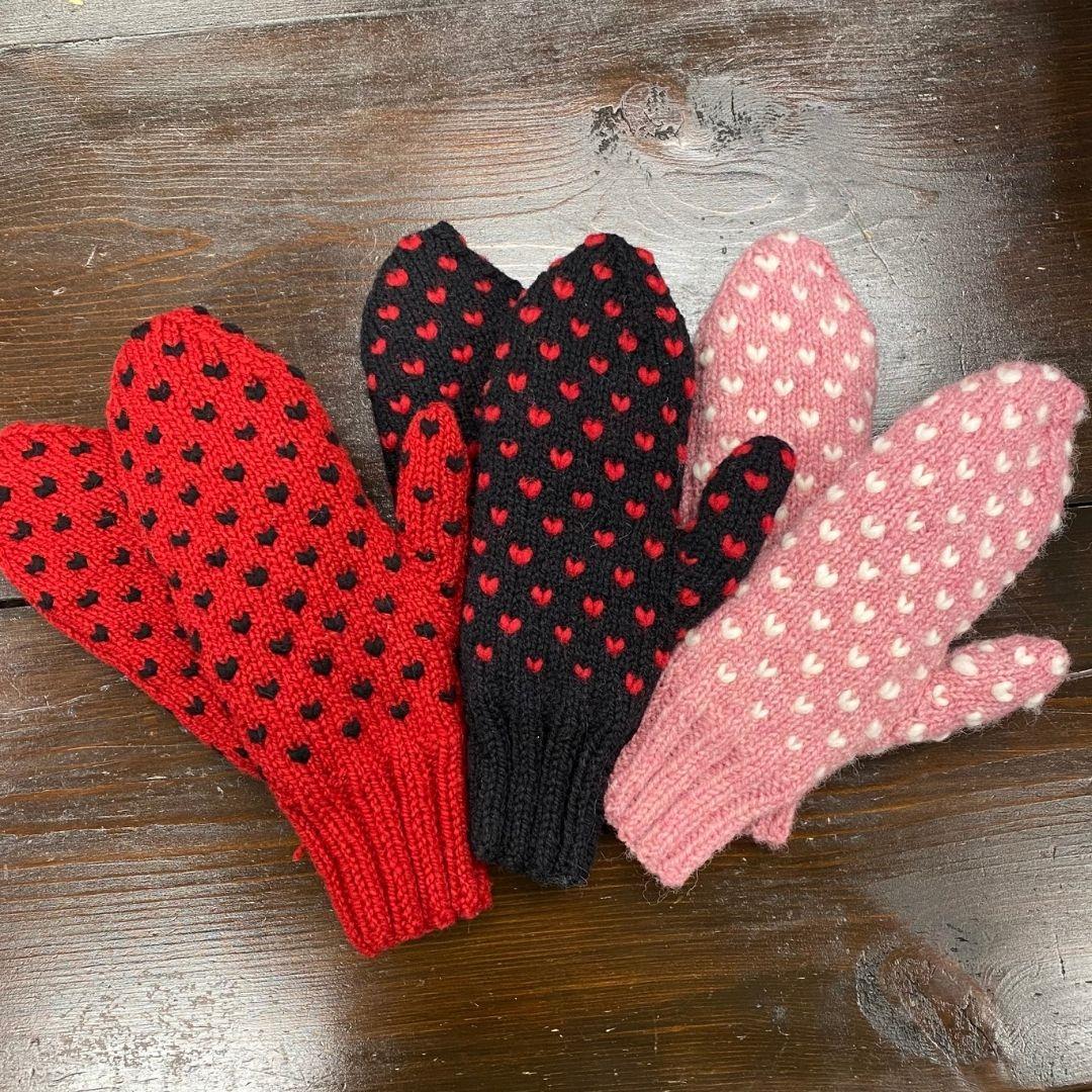 Hand Knit Wool Thrummed Mittens | Black with Red