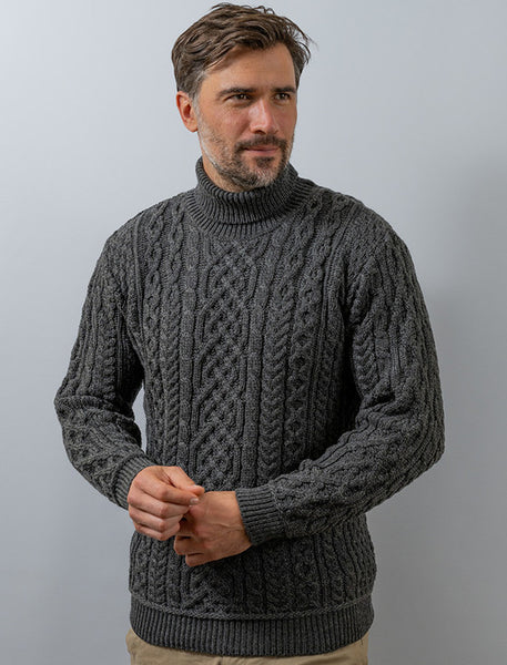 Men's Polo Neck Aran Sweater | Slate Grey