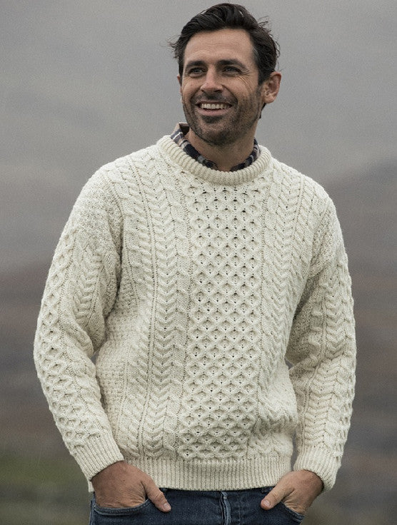 Mens Fisherman Merino Wool Sweater Natural