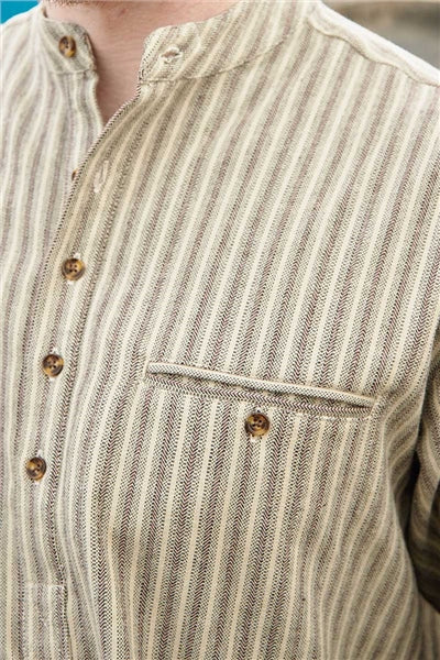 Beige Green Maroon Stripe Grandfather Shirt