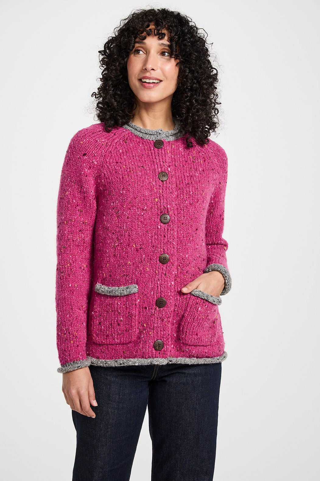Colour Contrast Raglan Cardigan in Pink Heather / Silver