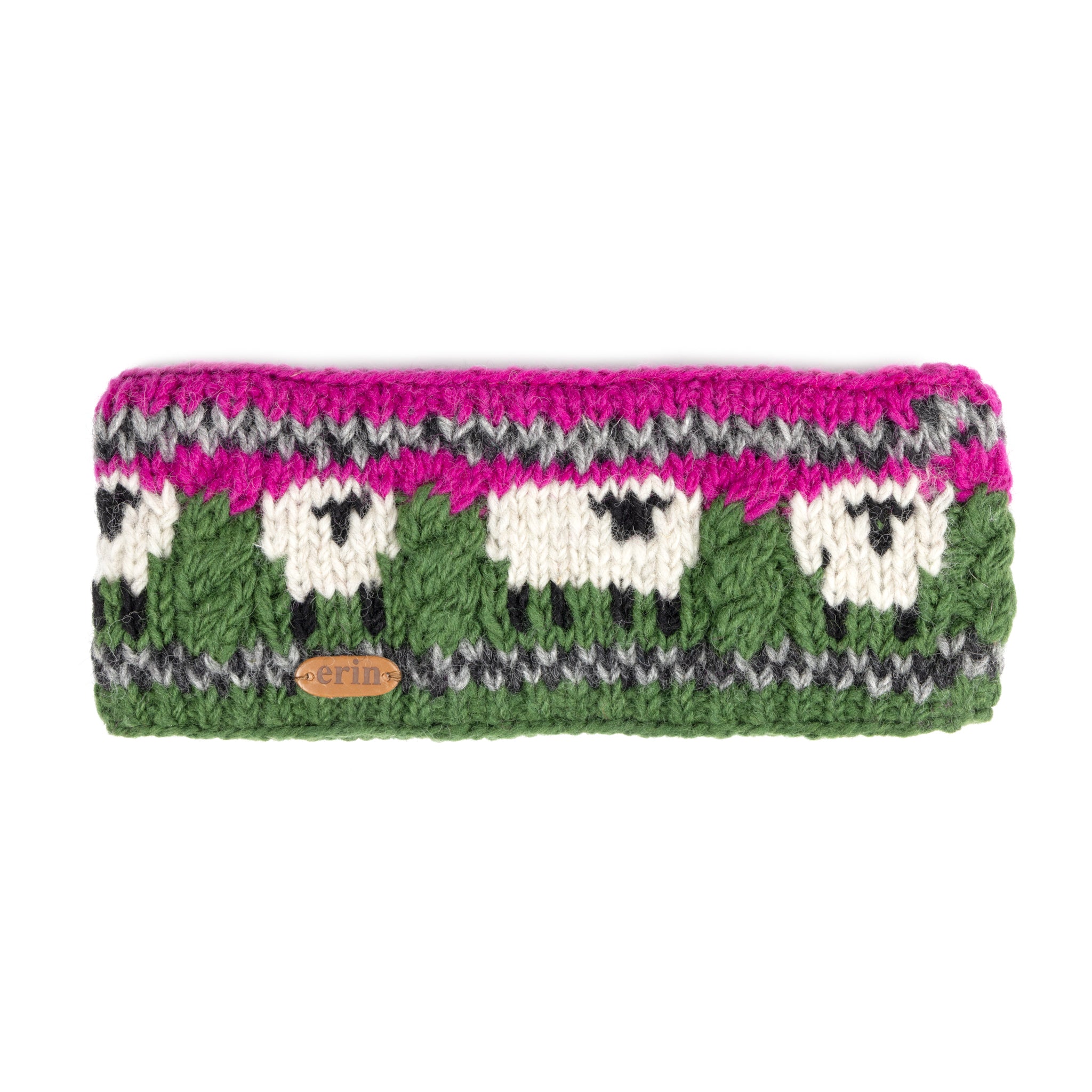 Knitted Sheep Headband with Aran Cable Band in Pink And Dark Green