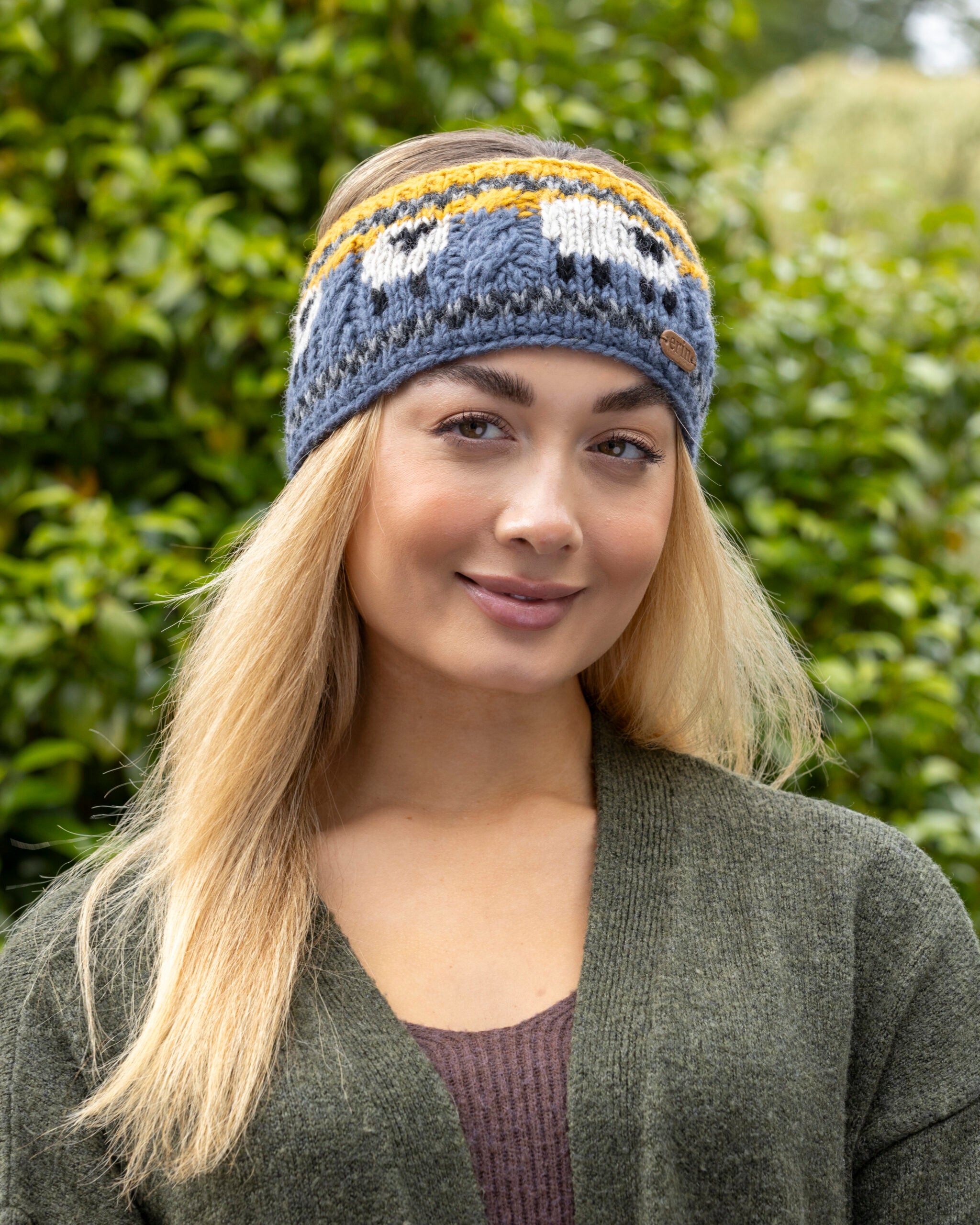 Knitted Sheep Headband with Aran Cable Band in Yellow and Blue 