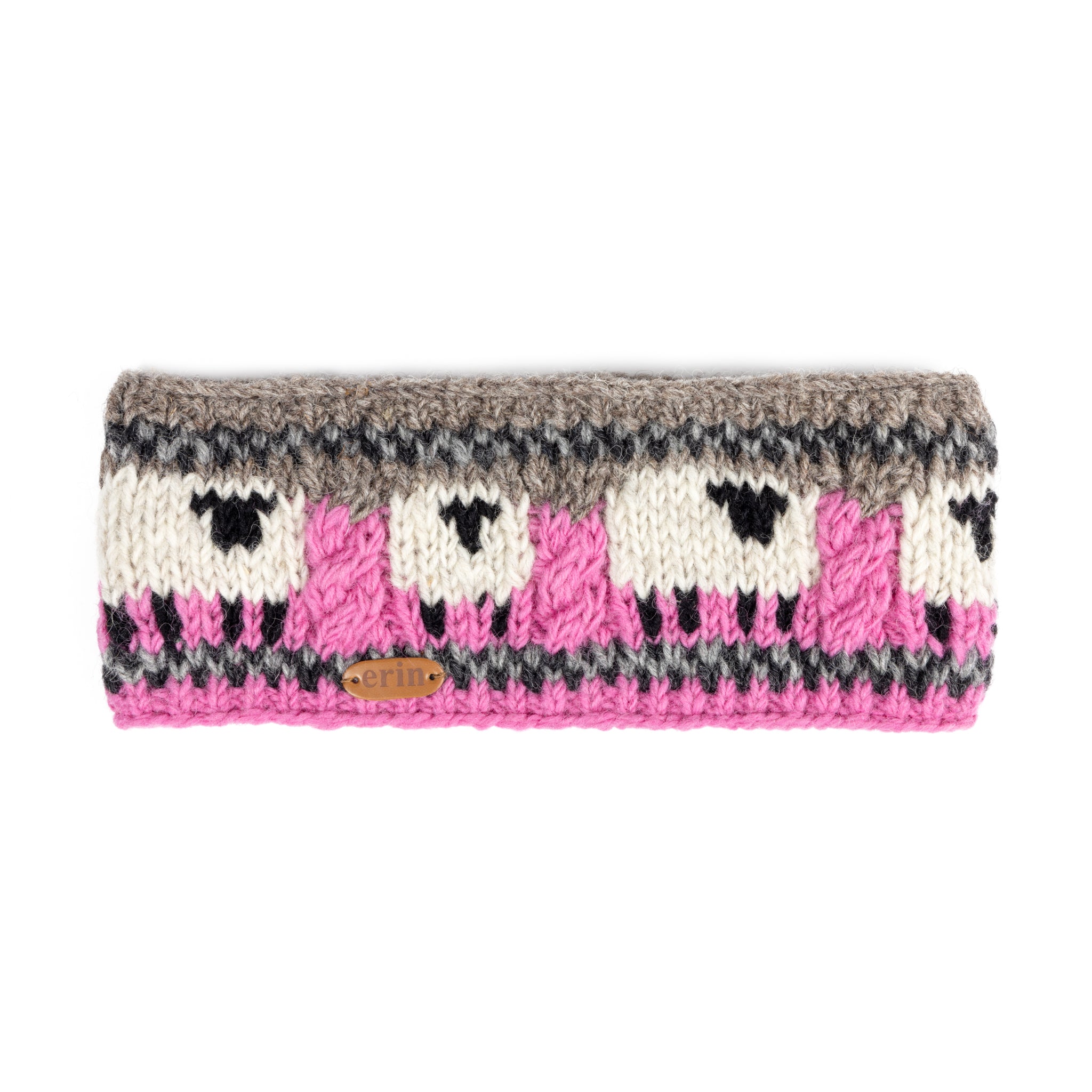 Knitted Sheep Headband with Aran Cable Band | Pink And Grey