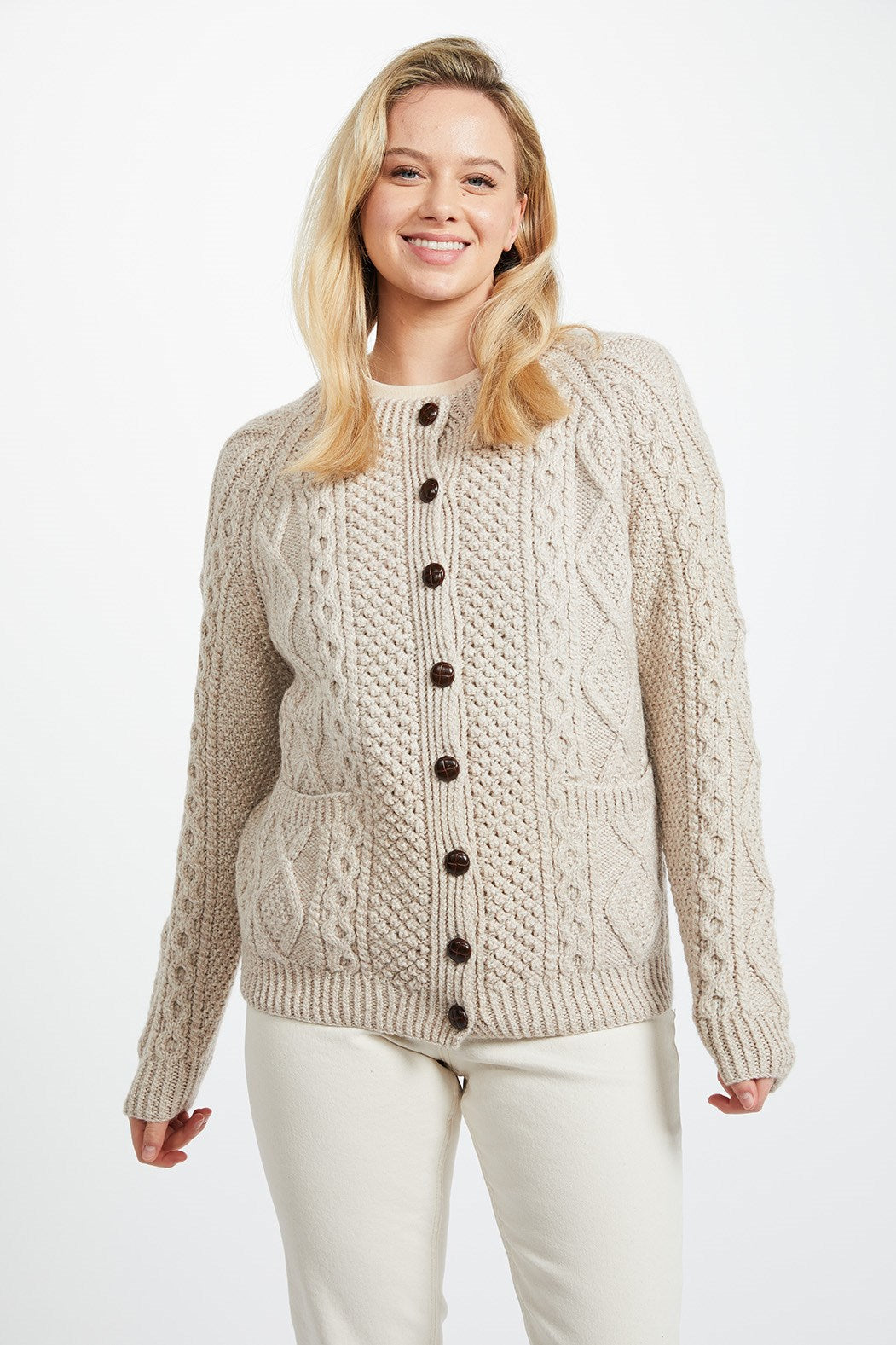 Ladies Hand Knit Merino Wool Lumber Cardigan Honey Oat
