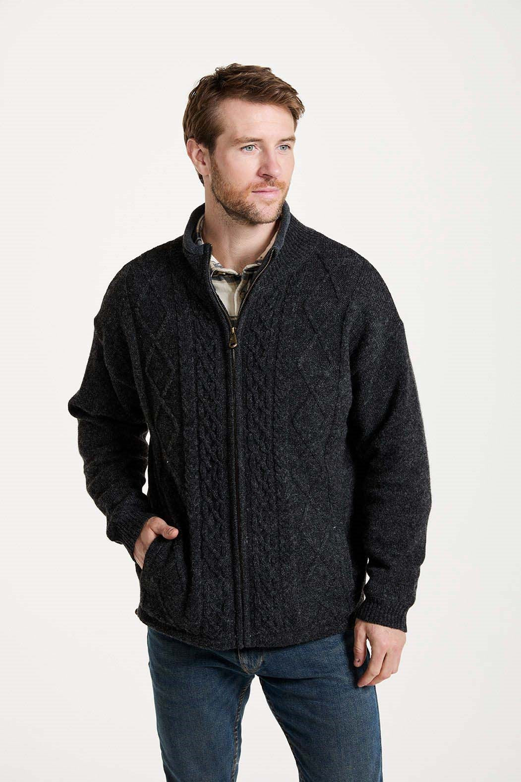 Lined Shetland Full Zip Cardigan with Fleece Collar | Silver