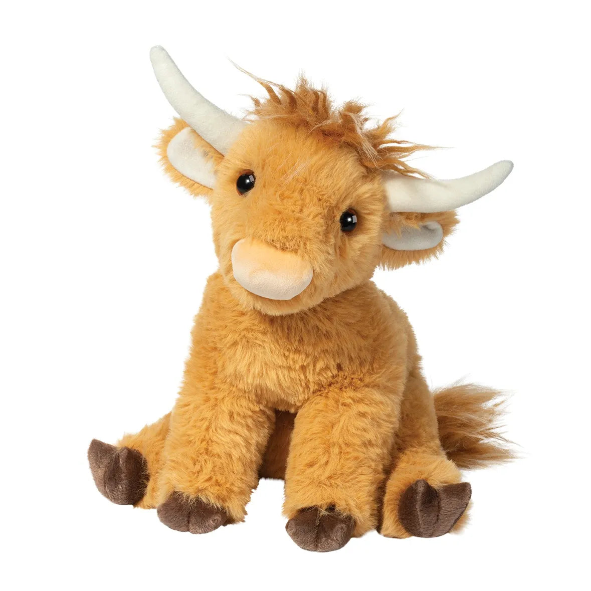 A plush toy resembling a Highland cow with a brown coat, white horns, and a floppy body style.