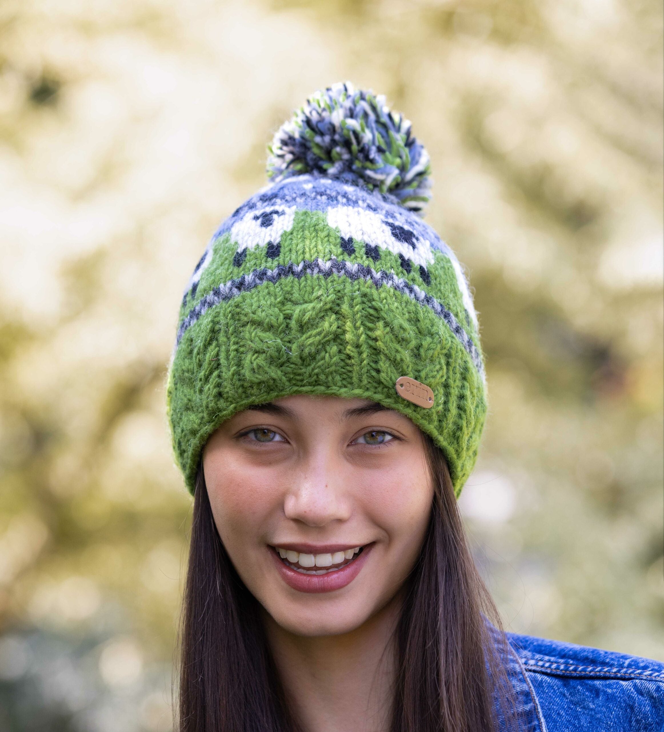 Sheep Bobble Hat with Aran Cable Band blue And Green