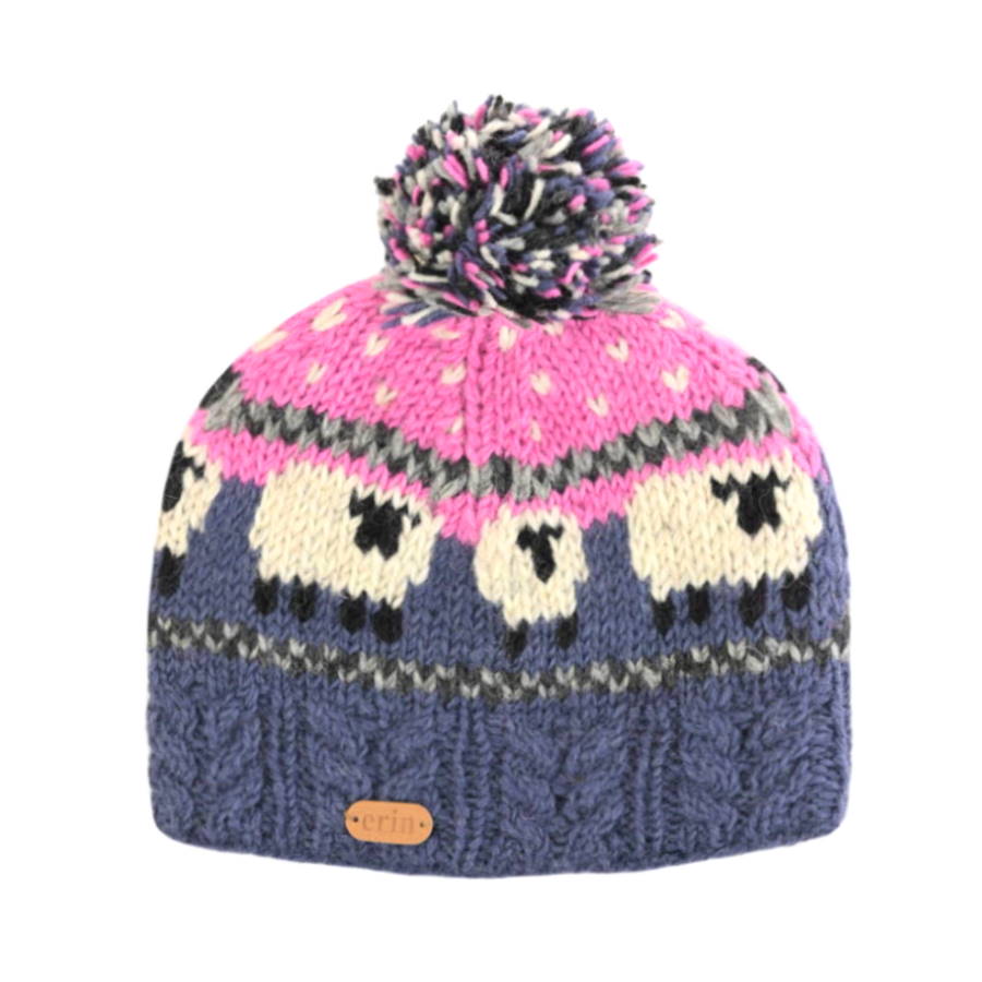 Sheep Bobble Hat with Aran Cable Band Pink and Blue