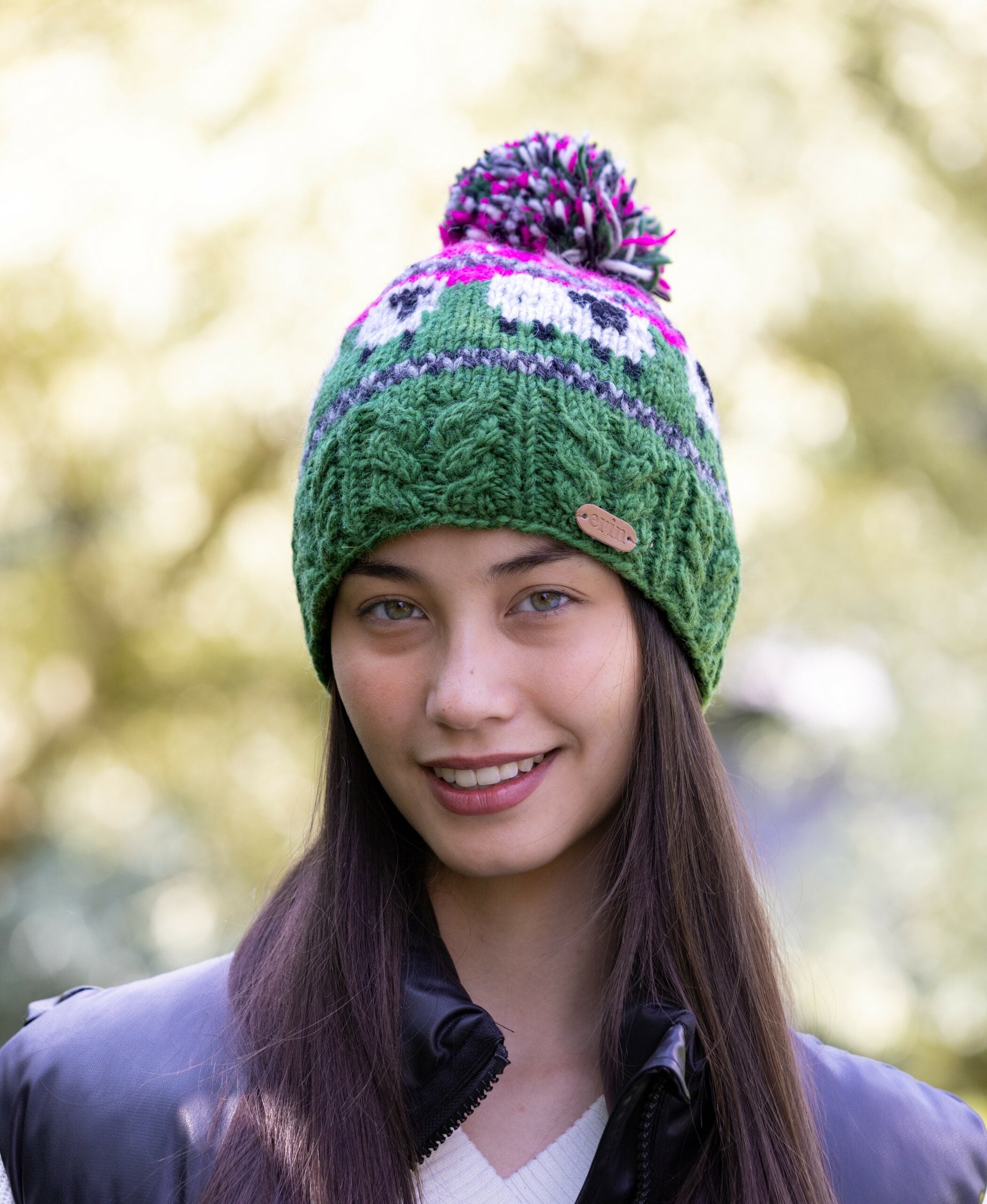 Sheep Bobble Hat with Aran Cable Band Pink and Dark Green
