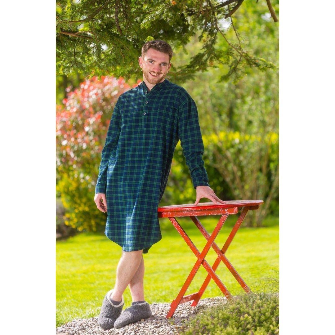 second image of man wearing long flannel nightshirt in blue and green