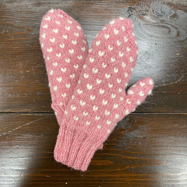 Hand Knit Wool Thrummed Mittens | Pink with White
