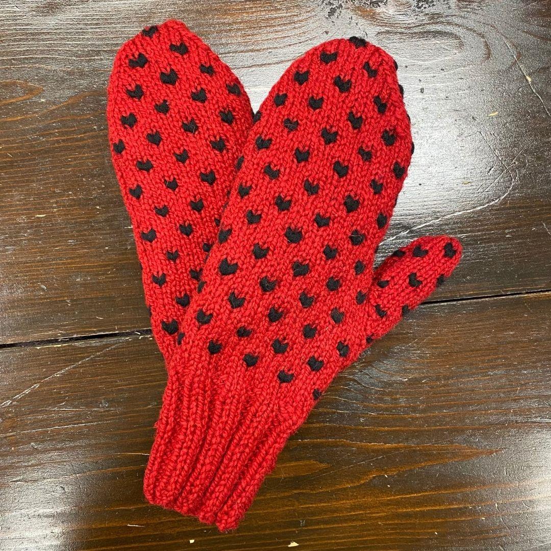 Hand Knit Wool Thrummed Mittens | Red with Black