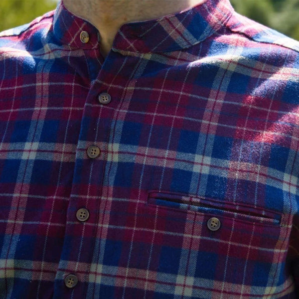 collar and pocket detail of maroon and navy grandfather shirt